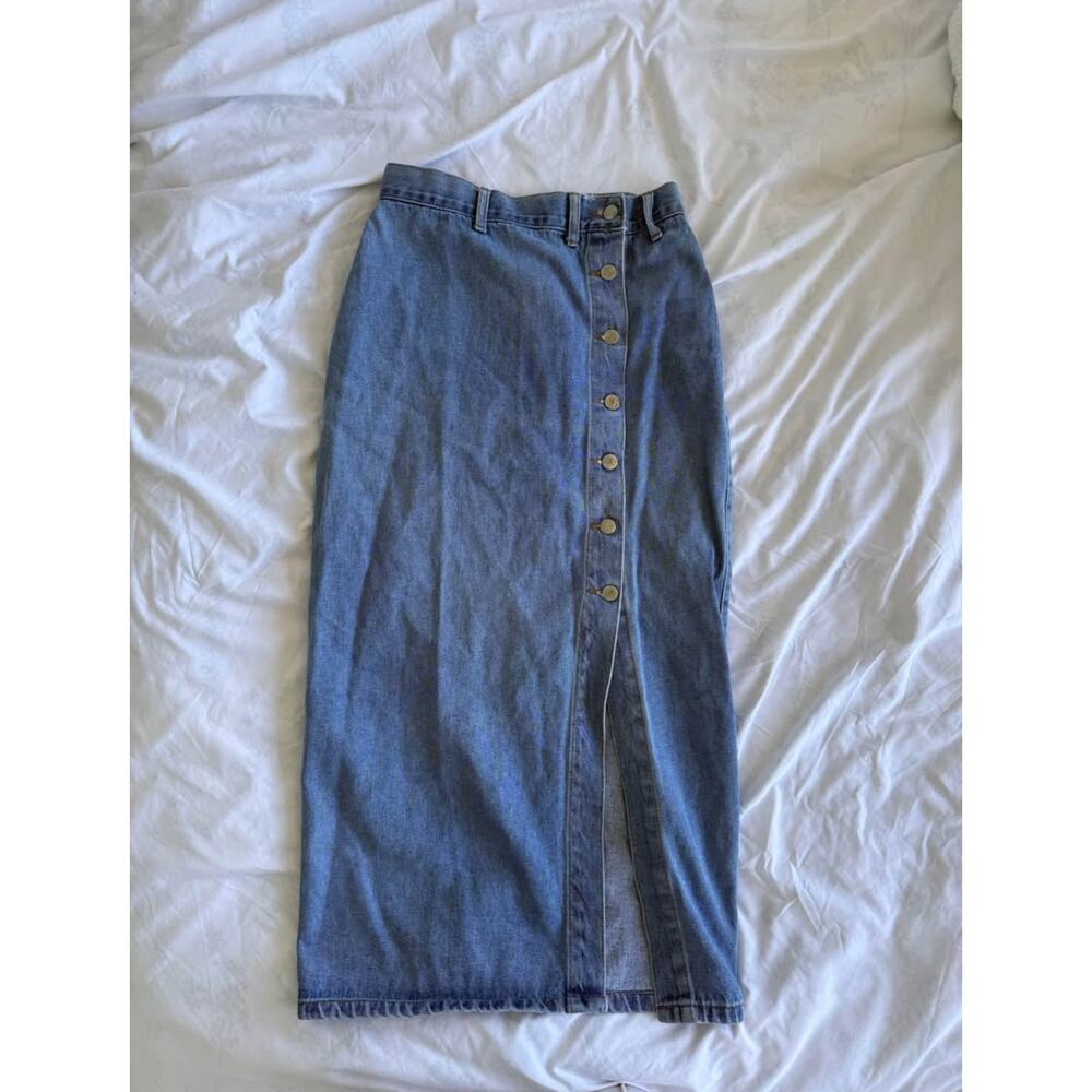 Asymmetric button denim maxi skirt